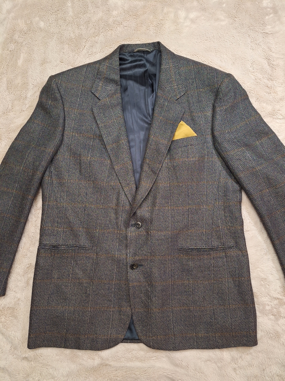 Henry Grethel Men’s Plaid Tweed Suit Jacket Blue/Brown 42R 2-Button Notch
